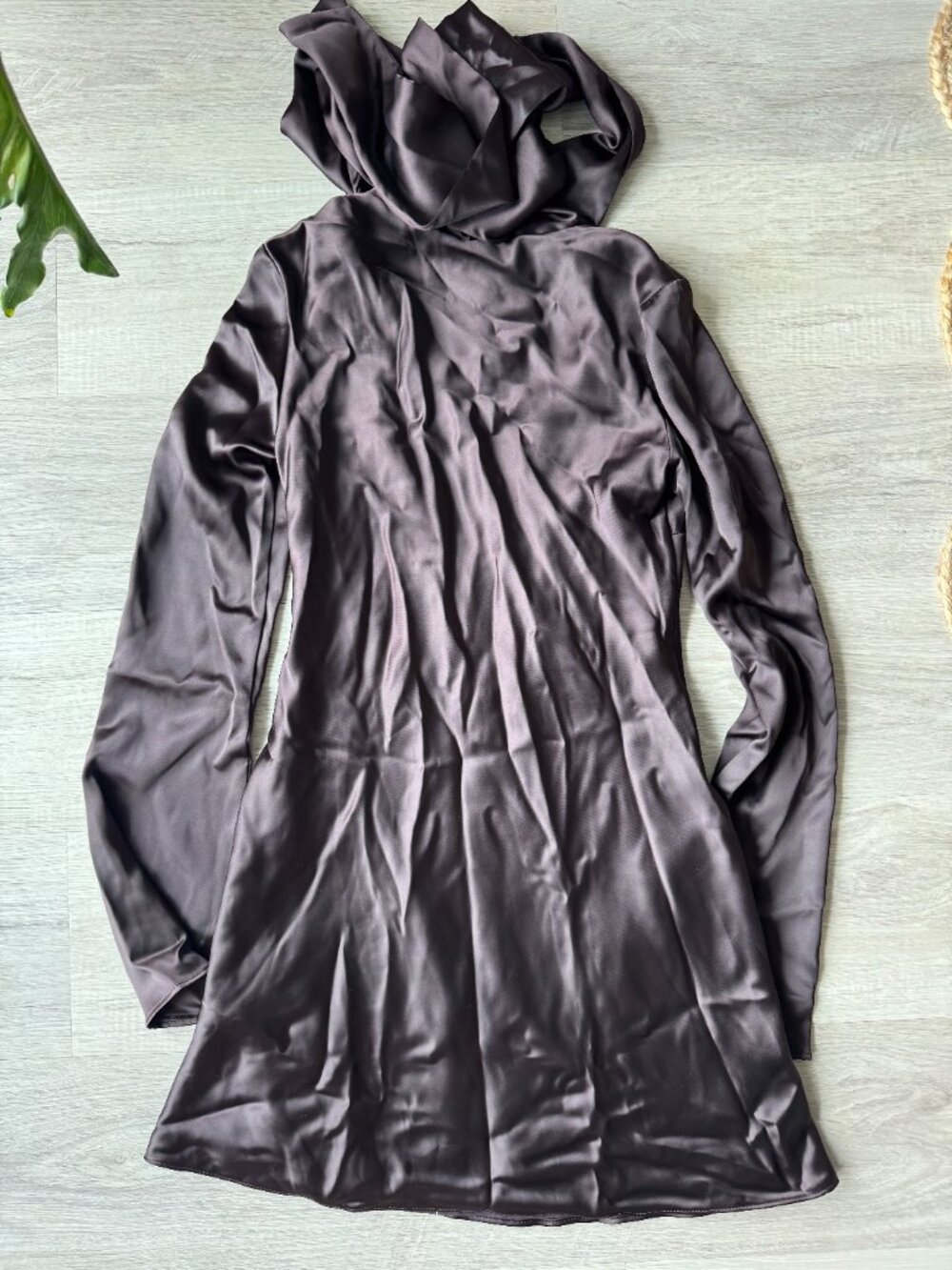 ZARA Satin Scarf Mini Dress VNeck Long Sleeve | Chocolate Brown | NWT | XS,S,M,L - Picture 13 of 15
